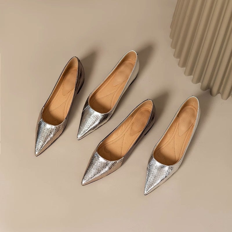 2024 Spring And Style Leather Pattern Pointed Toe Low Heel Flat Shoes Shallow Mouth All-Match Women'S Shoes Silver Temperament Single Shoes For Women - Image 2