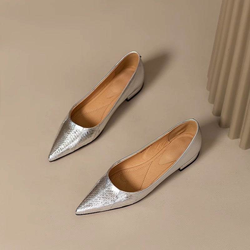 2024 Spring And Style Leather Pattern Pointed Toe Low Heel Flat Shoes Shallow Mouth All-Match Women'S Shoes Silver Temperament Single Shoes For Women - Image 3