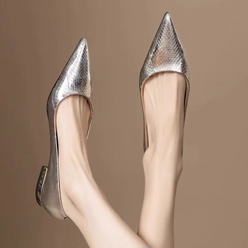 2024 Spring And Style Leather Pattern Pointed Toe Low Heel Flat Shoes Shallow Mouth All-Match Women'S Shoes Silver Temperament Single Shoes For Women - Image 4