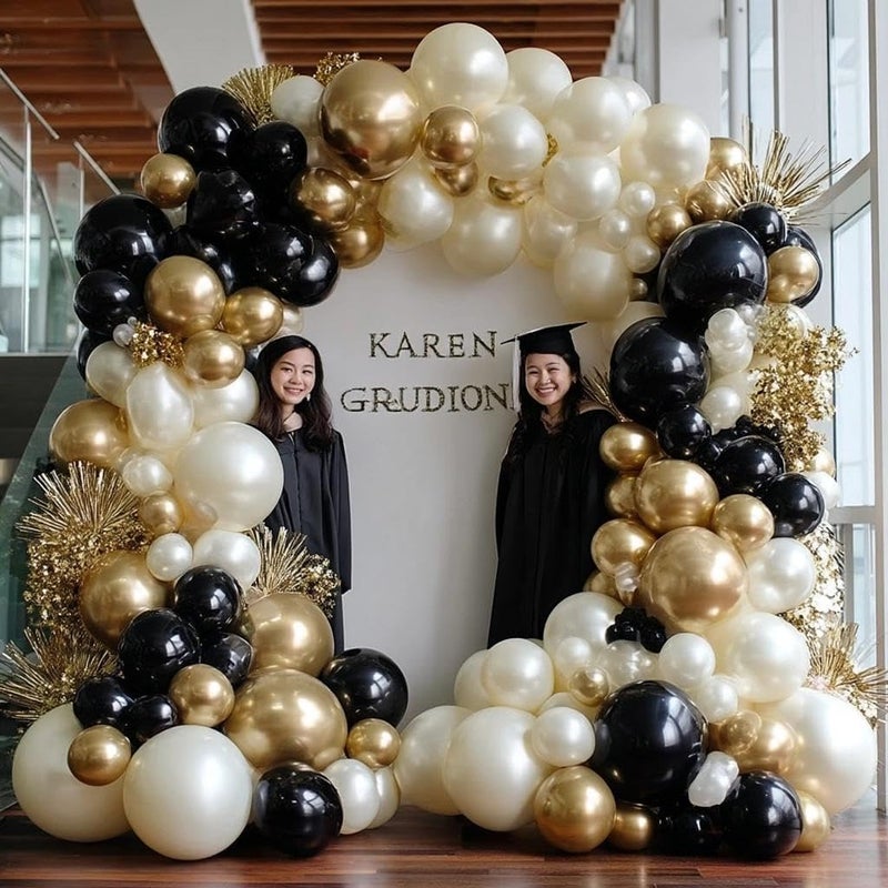 Pinbra Black White Gold Balloon Garland Double Stuffed, Pearl Sand Champagne Gold Balloons Cream Beige Balloon Arch Kit for Birthday Graduation Wedding Bachelorette Engagement Party Decorations - Image 2