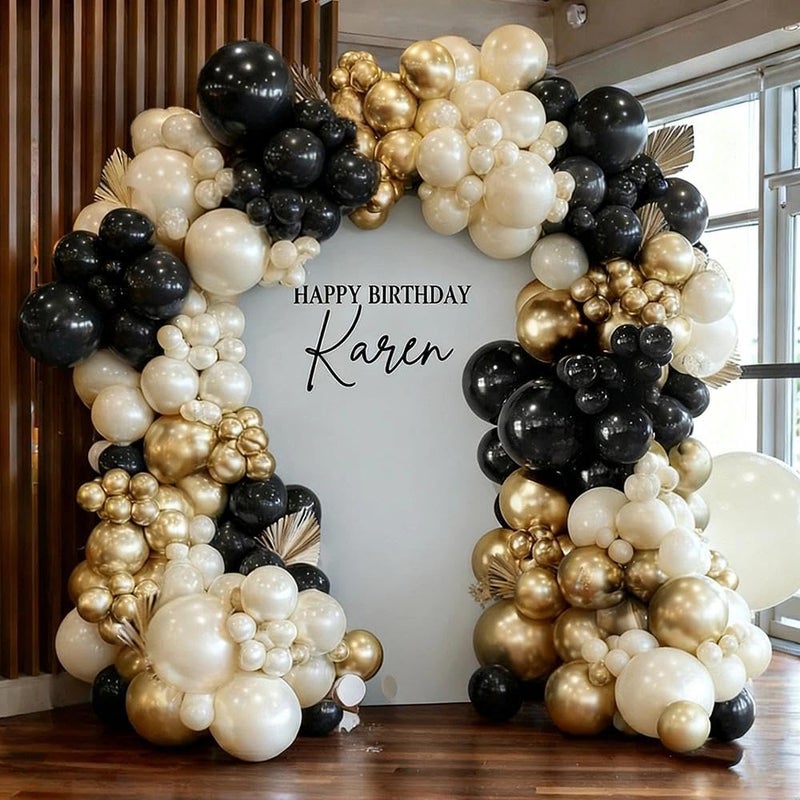 Pinbra Black White Gold Balloon Garland Double Stuffed, Pearl Sand Champagne Gold Balloons Cream Beige Balloon Arch Kit for Birthday Graduation Wedding Bachelorette Engagement Party Decorations - Image 1