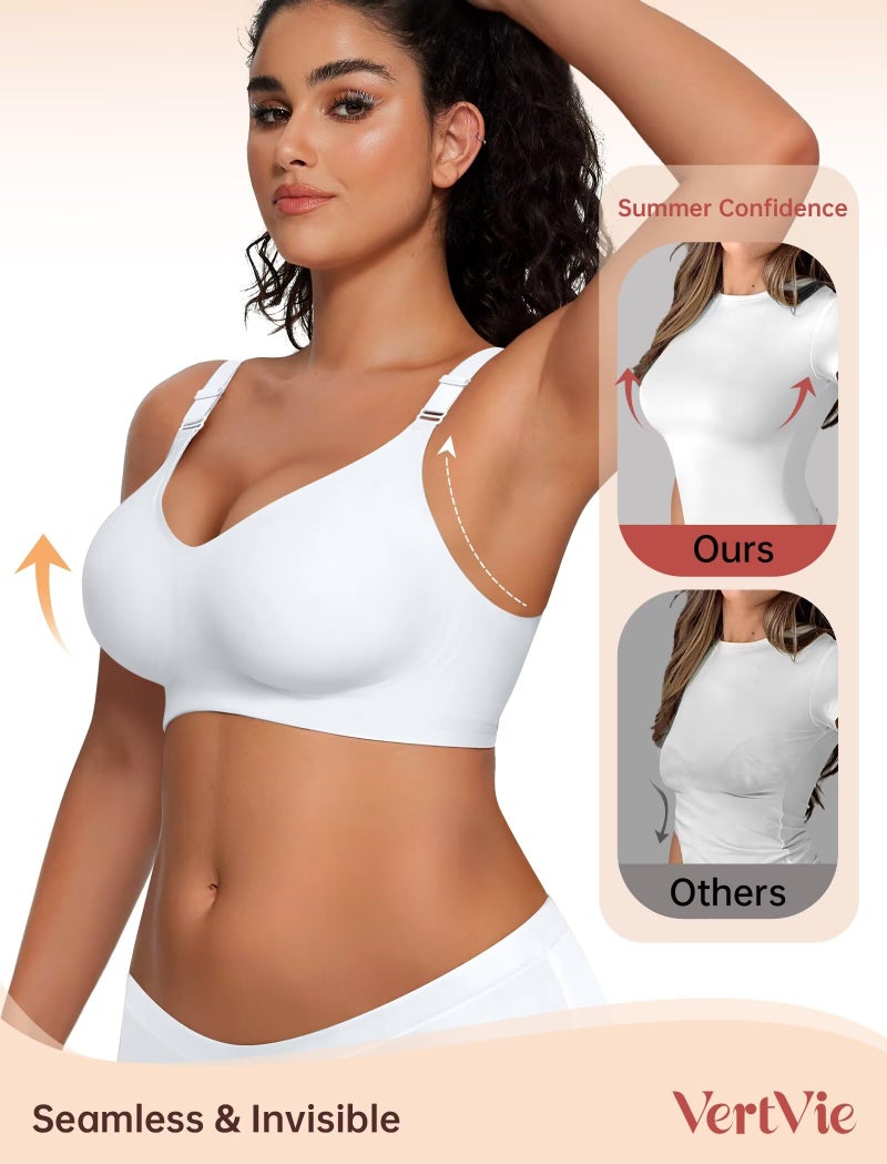 Vertvie Womens Wireless Jelly Bras No Underwire Push Up Seamless Bra Supportive Full Coverage Bralette Regular and Plus Size(White,Large) - Image 3
