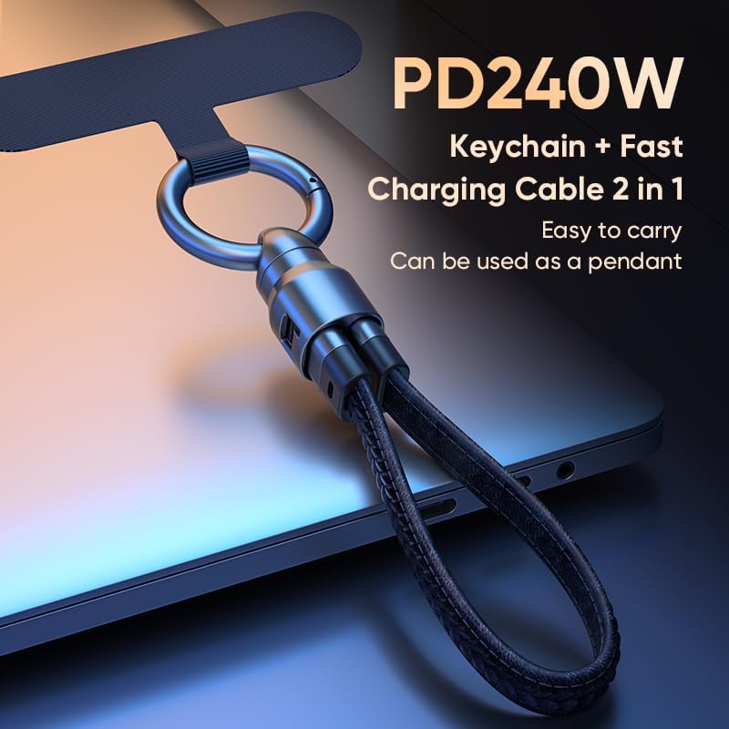 كابل شحن USB-C محمول من الجلد مع حلقة مفاتيح، سلك قصير للشحن السريع بقدرة 240 واط (PD) ومزامنة البيانات بسرعة 480 ميجابت في الثانية، كابل USB-C إلى USB-C متوافق مع iPhone 16/17، Galaxy S24/S25، iPad، MacBook، Pixel، Xiaomi - Image 2