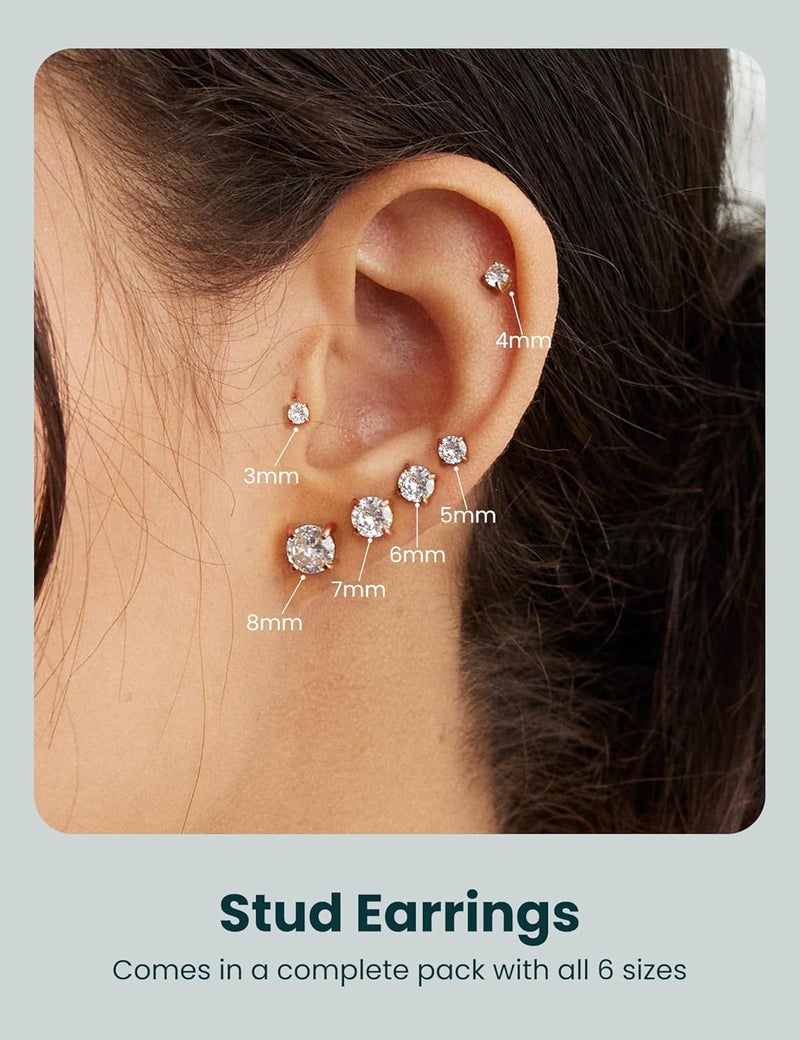 WSSXC 6 Pairs Stud Earrings Set, Hypoallergenic Cubic Zirconia 316L Earrings Stainless Steel CZ Earrings 3-8mm - Image 2