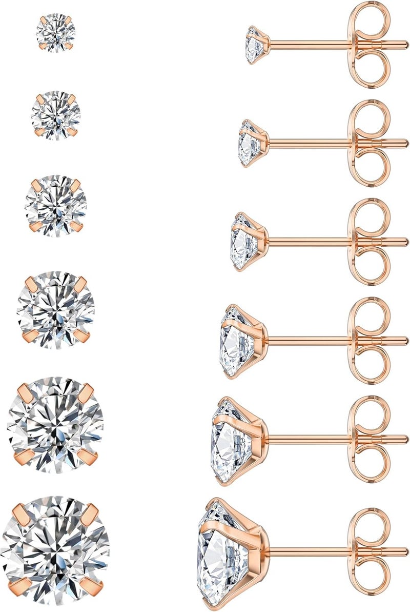 WSSXC 6 Pairs Stud Earrings Set, Hypoallergenic Cubic Zirconia 316L Earrings Stainless Steel CZ Earrings 3-8mm - Image 1