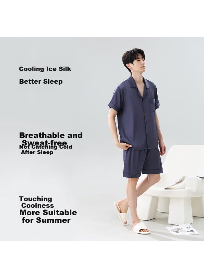 "Silky Nude Sensation" Ice Silk Men'S Cardigan Home Wear Simulation Silk Loose Short Sleeve Summer Thin L