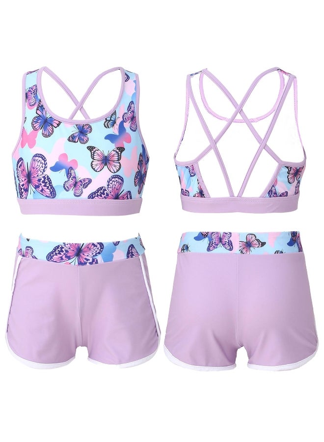 2Pcs Kids Girls Printed Swimsuit Outfit U Neck Strappy Back Crop Top with Boyshorts Shorts Bottoms Set Swimsuit for Beach Pool Swimming Bathing Suit