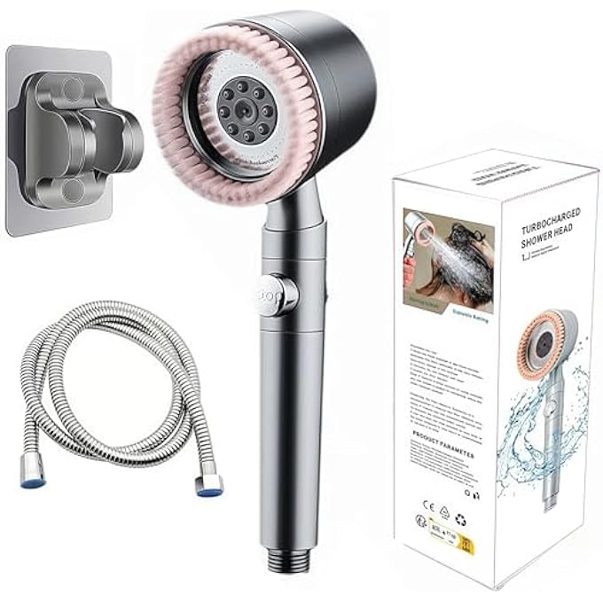 Lolotzii Shower Filter for Hair LossShower Head Holder and Hose Set 5 Spray Modes Handheld High Pressure Massage Shower Head with BrushPinkGrey - Image 1