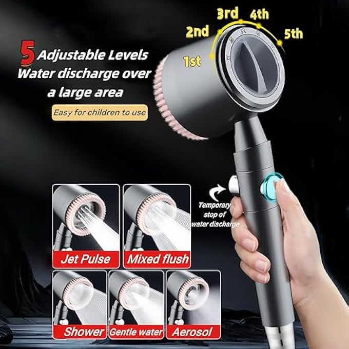 Lolotzii Shower Filter for Hair LossShower Head Holder and Hose Set 5 Spray Modes Handheld High Pressure Massage Shower Head with BrushPinkGrey - Image 5