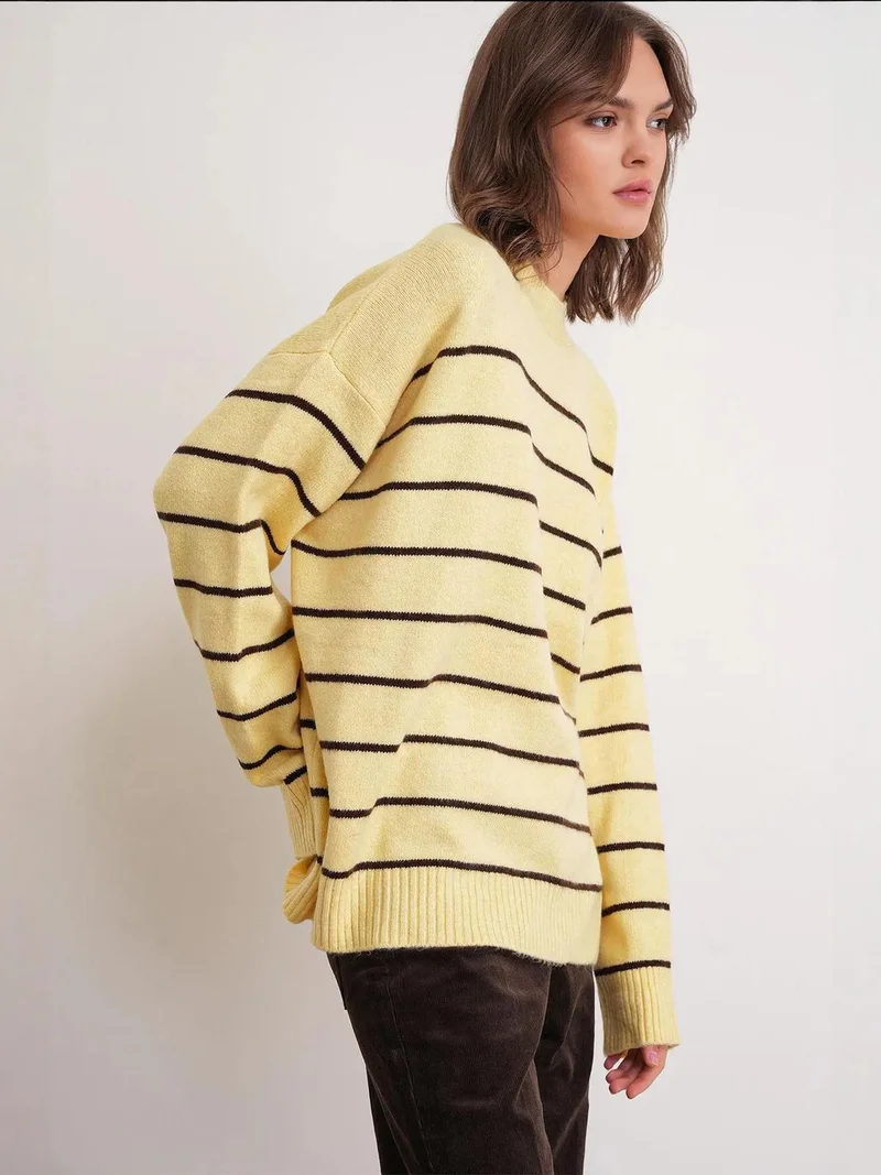 Mixray Lemon Yellow Striped Crew Neck Relaxed Knit Pullover Sweater for Women | Best Price UAE