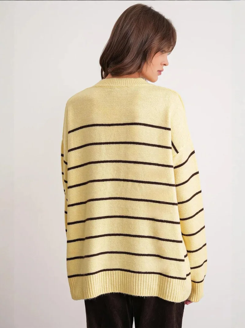 Mixray Lemon Yellow Striped Crew Neck Relaxed Knit Pullover Sweater for Women | Best Price UAE