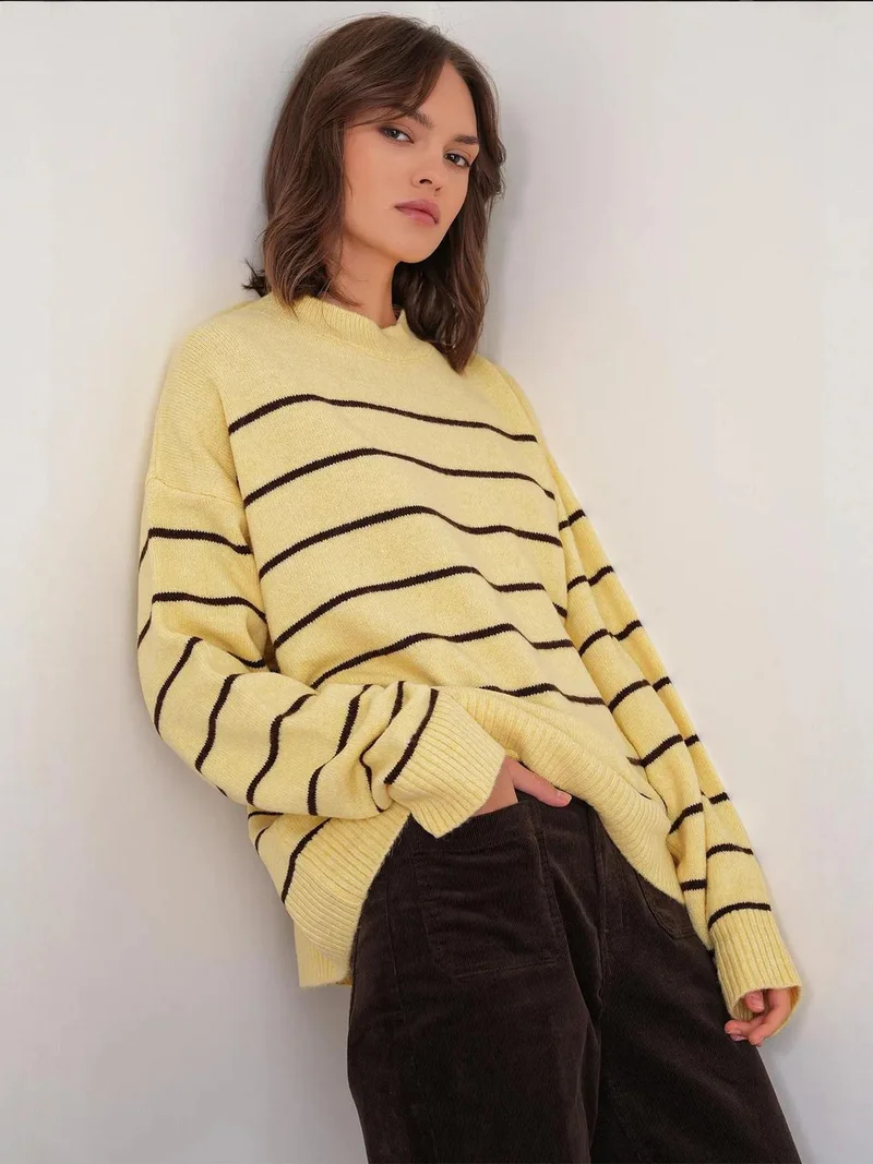 Mixray Lemon Yellow Striped Crew Neck Relaxed Knit Pullover Sweater for Women | Best Price UAE