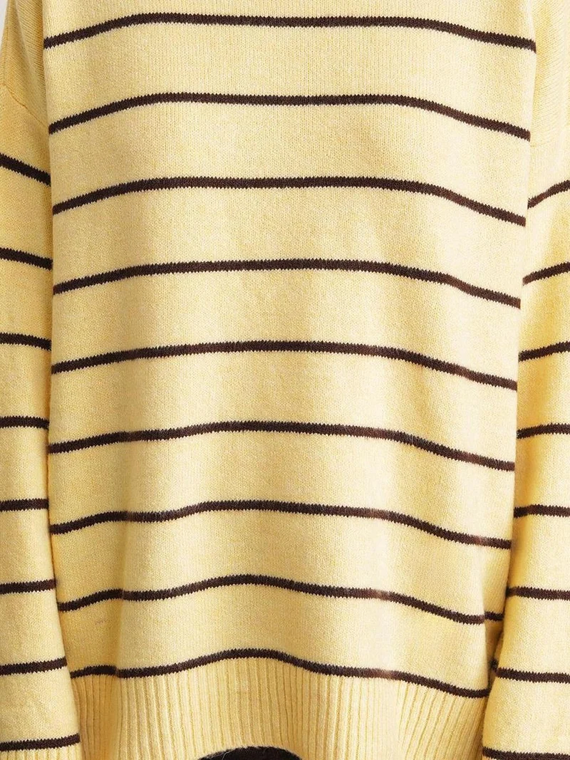 Mixray Lemon Yellow Striped Crew Neck Relaxed Knit Pullover Sweater for Women | Best Price UAE