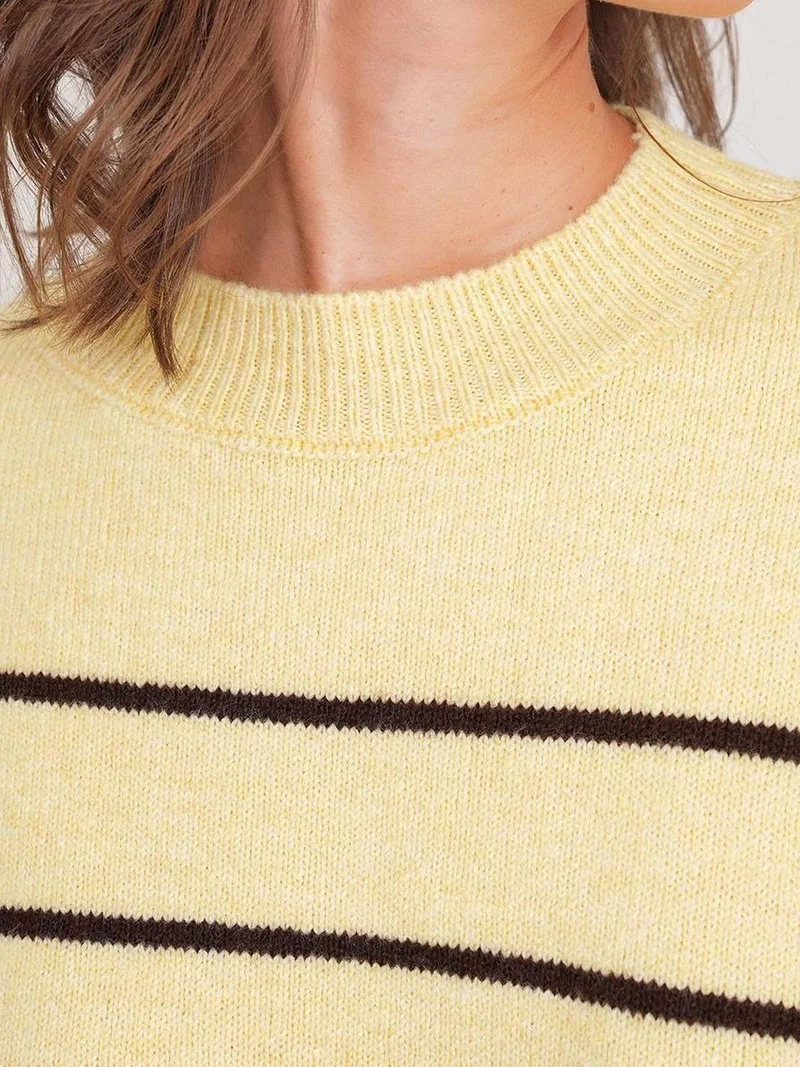 Mixray Lemon Yellow Striped Crew Neck Relaxed Knit Pullover Sweater for Women | Best Price UAE