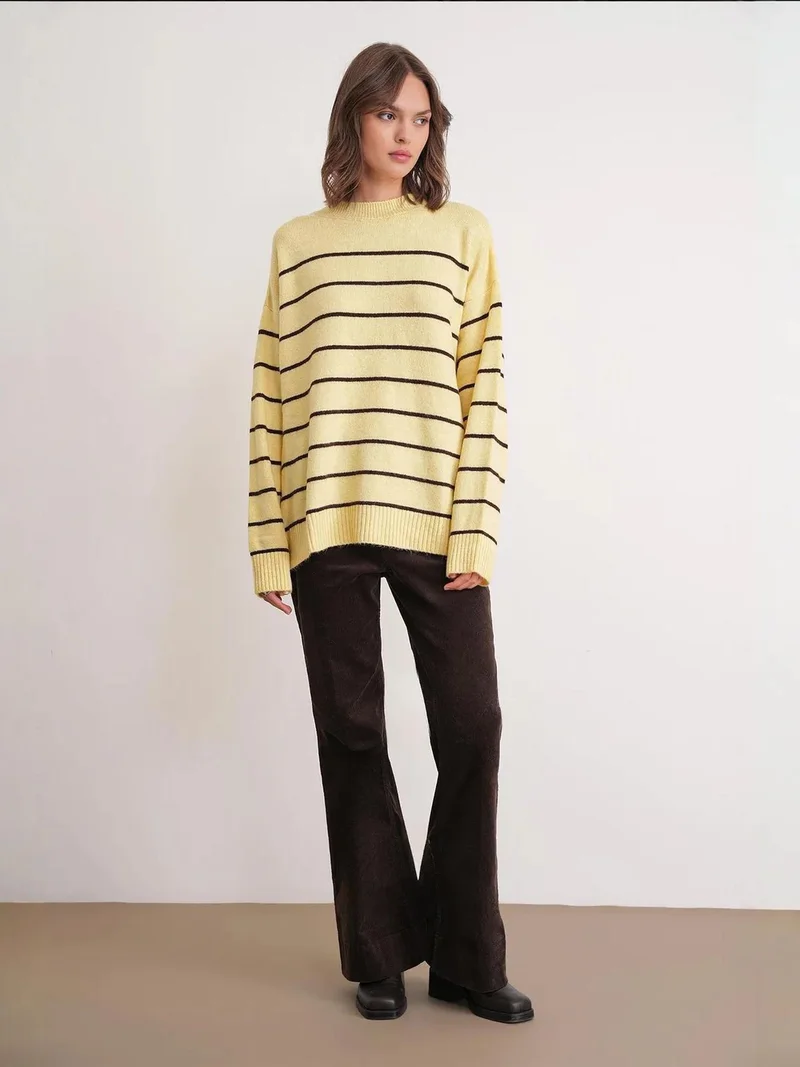 Mixray Lemon Yellow Striped Crew Neck Relaxed Knit Pullover Sweater for Women | Best Price UAE
