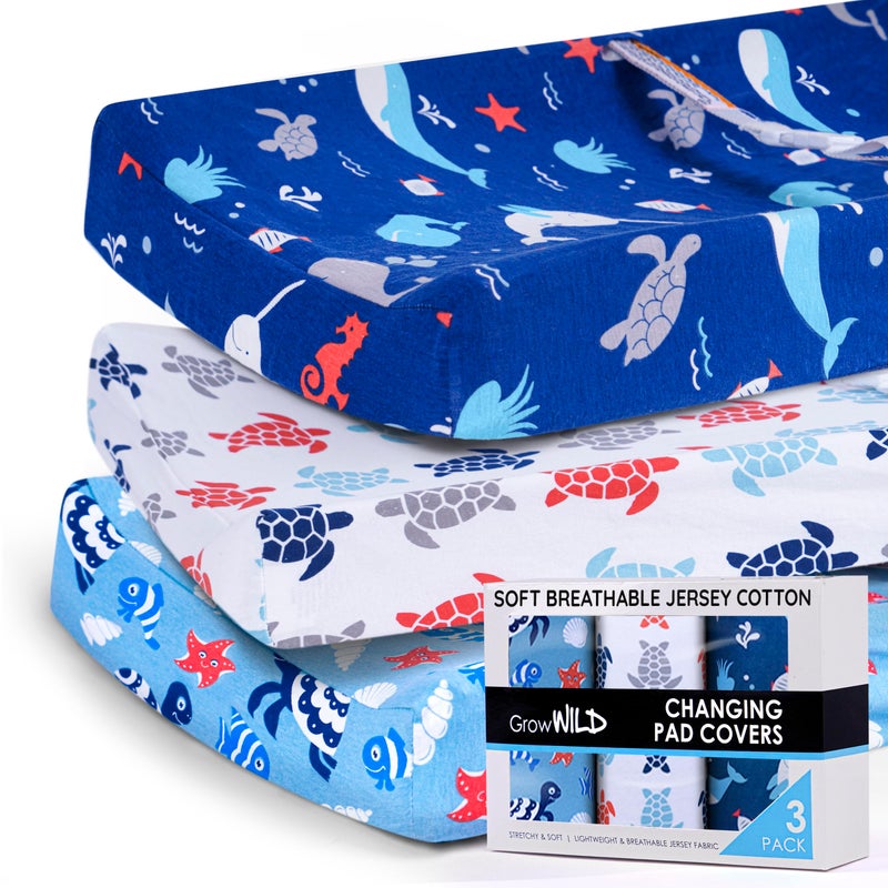GrowWILD GROW WILD Changing Pad Cover 3 Pack Soft Stretchy Jersey Cotton Baby Changing Table Pad Cover Diaper Changing Pad Covers for Girls and Boys Ocean Under The Sea 