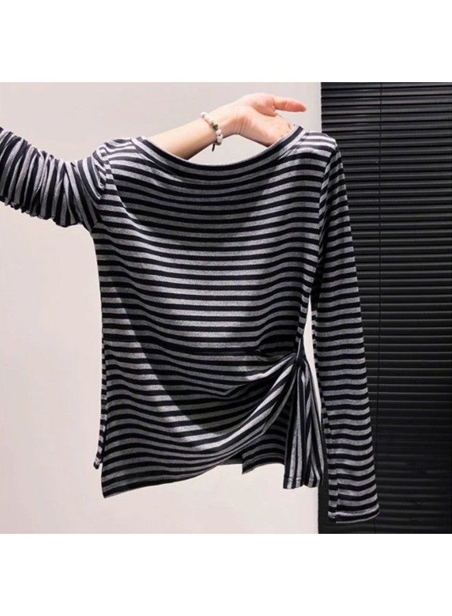 PLANDOO Striped Off-Shoulder Tie-Up Base Shirt Women'S Early Autumn Korean-Style Design Niche Super Beautiful Long Sleeve Light Mature Top - Image 3