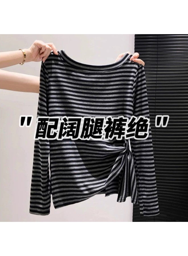 PLANDOO Striped Off-Shoulder Tie-Up Base Shirt Women'S Early Autumn Korean-Style Design Niche Super Beautiful Long Sleeve Light Mature Top - Image 2