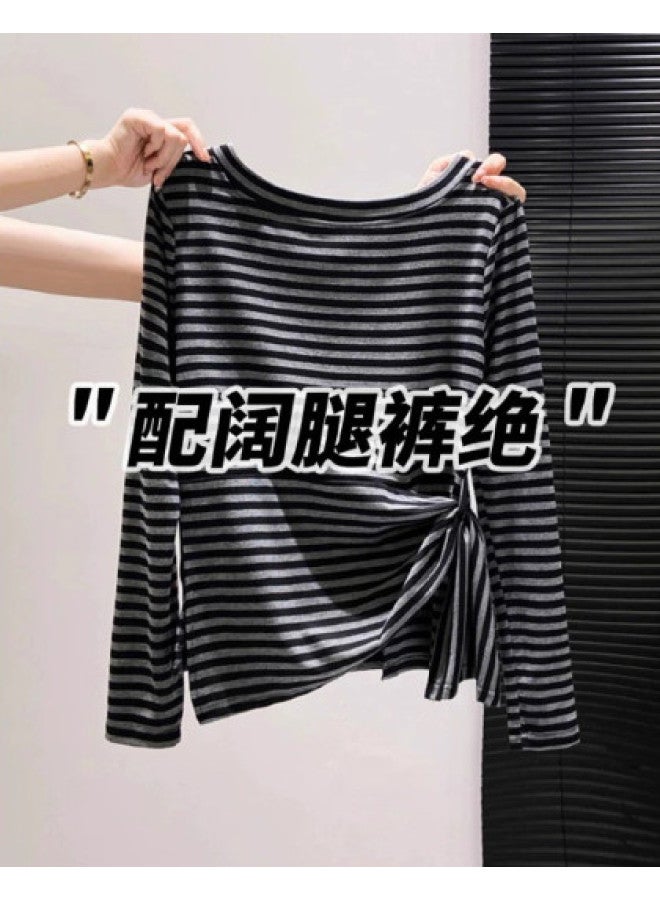 PLANDOO Striped Off-Shoulder Tie-Up Base Shirt Women'S Early Autumn Korean-Style Design Niche Super Beautiful Long Sleeve Light Mature Top - Image 1