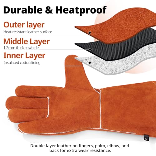 vclpower Welding Gloves Fire Heat Resistant 14IN Fireproof Leather for Welding Fire Pit Wood Stove Campfire Furnace BBQ Baking,Grill Oven Stick Mig Tig Gear Gift for Man L - Image 5