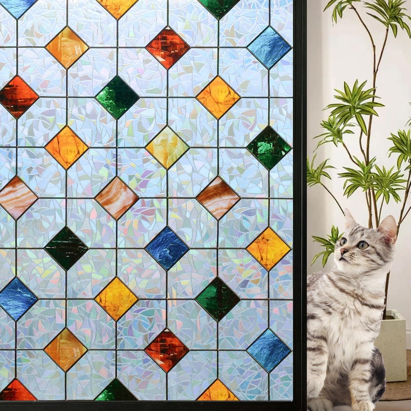 DKTIE Colorful Gem Lattice Pattern Decorative Window Privacy Film Rainbow Stained Glass Window Film Classroom Decor Renter Friendly Decor (S533, 17.7in X 78.7in) - Image 1