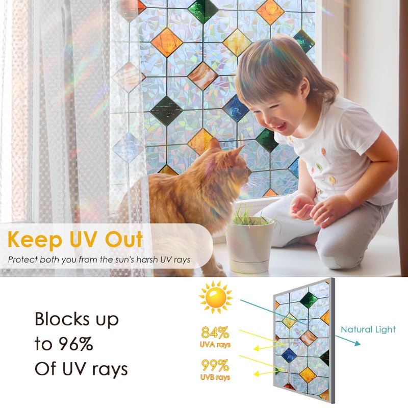 DKTIE Colorful Gem Lattice Pattern Decorative Window Privacy Film Rainbow Stained Glass Window Film Classroom Decor Renter Friendly Decor (S533, 17.7in X 78.7in) - Image 4