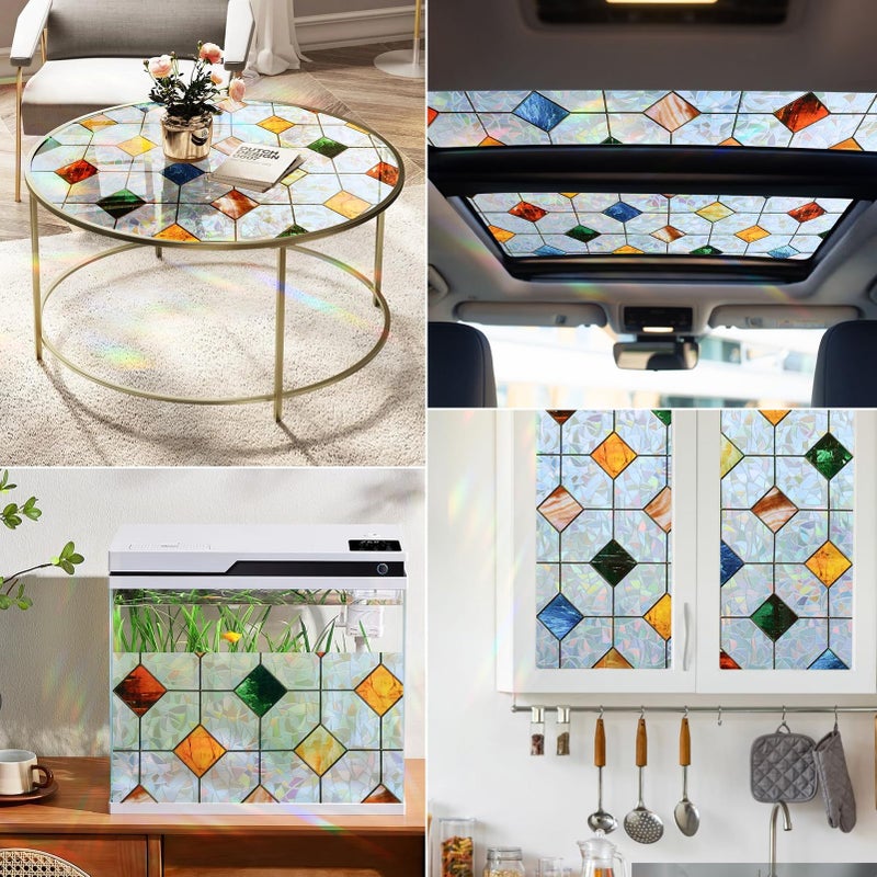DKTIE Colorful Gem Lattice Pattern Decorative Window Privacy Film Rainbow Stained Glass Window Film Classroom Decor Renter Friendly Decor (S533, 17.7in X 78.7in) - Image 5