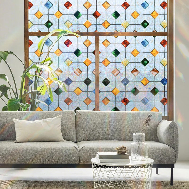 DKTIE Colorful Gem Lattice Pattern Decorative Window Privacy Film Rainbow Stained Glass Window Film Classroom Decor Renter Friendly Decor (S533, 17.7in X 78.7in) - Image 2