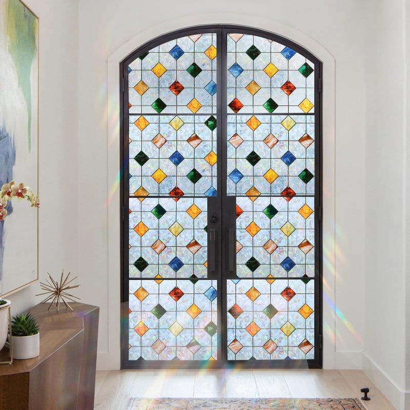 DKTIE Colorful Gem Lattice Pattern Decorative Window Privacy Film Rainbow Stained Glass Window Film Classroom Decor Renter Friendly Decor (S533, 17.7in X 78.7in) - Image 3