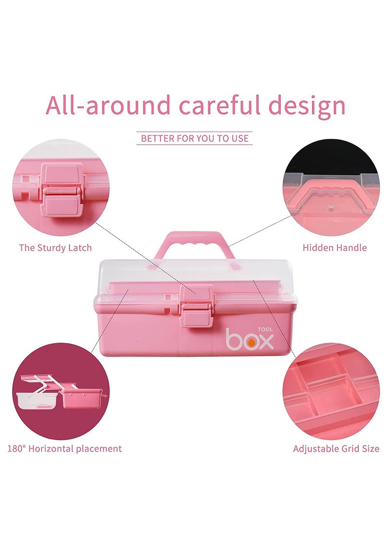 JUGTE JUGTE Multipurpose Tools Storage Box Organizer 3Layer Plastic Storage Box Handled Storage Case for Art Craft Cosmetic Sewing Supplies Organizer Medicine Box Family First Aid Box with Handle Pink  - Image 2