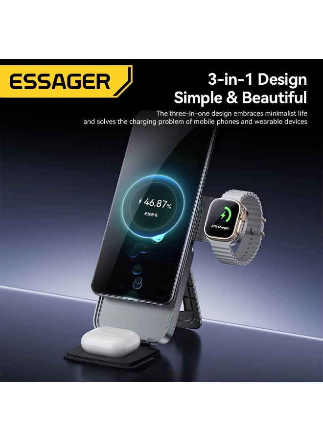 Essager 3-in-1 Portable Folding Wireless Charger Stand 15W Magnetic for iPhone 1716/15 AirPods Apple Watch MagSafe Fast Charging - Image 2