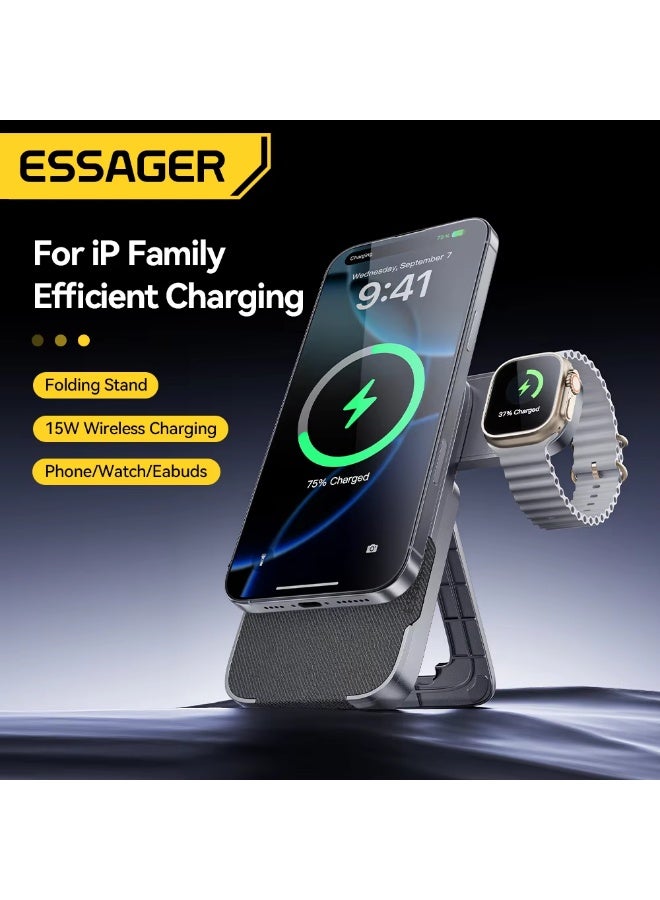 Essager 3-in-1 Portable Folding Wireless Charger Stand 15W Magnetic for iPhone 1716/15 AirPods Apple Watch MagSafe Fast Charging - Image 1