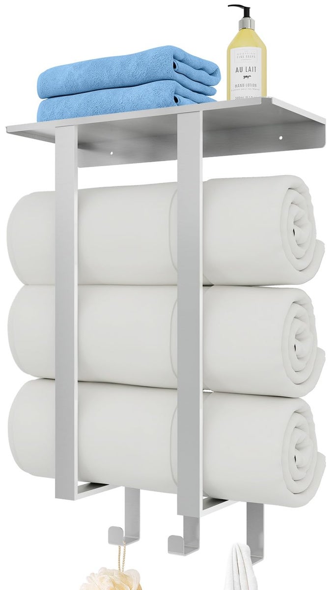 TOWEL RACKS FOR BATHROOM TOWEL RACK WALL MOUNTED WITH SHELF AND 3 HOOKS TOWEL STORAGE FOR SMALL BATHROOM FOR ROLLED BATH TOWELS BRUSHED NICKEL