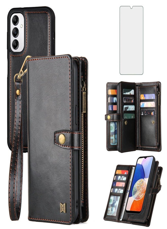 Asuwish Phone Case for Samsung Galaxy A14/M14 5G Zipper Wallet Detachable Cover with Screen Protector and Card Holder Slot Wrist Strap Cell Accessories Protective A 14 4G 14A 14M G5 SM Women Men Black - Image 1