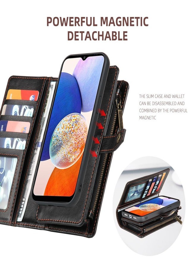 Asuwish Phone Case for Samsung Galaxy A14/M14 5G Zipper Wallet Detachable Cover with Screen Protector and Card Holder Slot Wrist Strap Cell Accessories Protective A 14 4G 14A 14M G5 SM Women Men Black - Image 5
