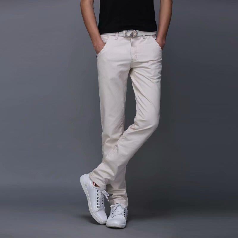 Mens Korean Straight Casual Pants Slim-Fit Solid Color White 