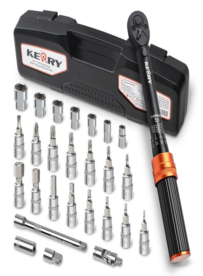 Kerry 1/4 Inch Drive Click 27 PCS Bike Torque Wrench Set, 20-240 LB.IN/2.3-27.1 Nm, Double Scale with Accessories Bit Sockets, 3/8 Adapter Extension Bar Universal Joint Tool for Bicycle Maintenance - Image 1