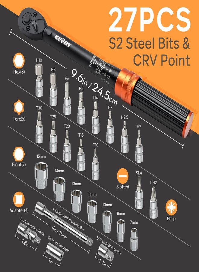 Kerry 1/4 Inch Drive Click 27 PCS Bike Torque Wrench Set, 20-240 LB.IN/2.3-27.1 Nm, Double Scale with Accessories Bit Sockets, 3/8 Adapter Extension Bar Universal Joint Tool for Bicycle Maintenance - Image 2