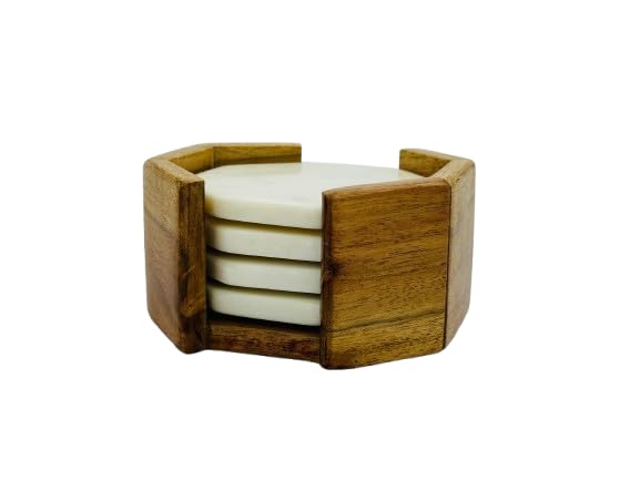 Quastocra White Marble Coasters Set of 4 pcs with Wood Stand - Image 1