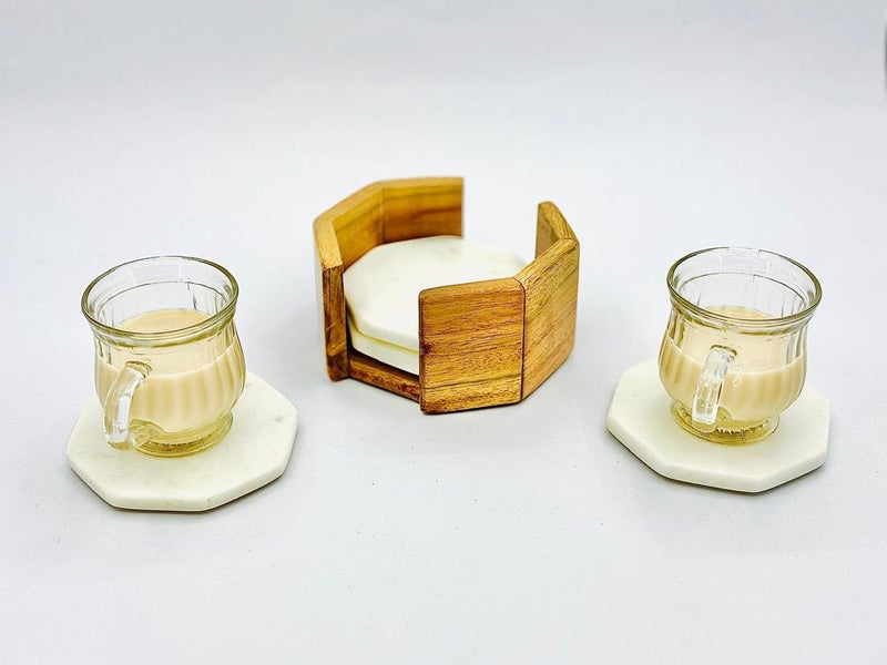 Quastocra White Marble Coasters Set of 4 pcs with Wood Stand - Image 3