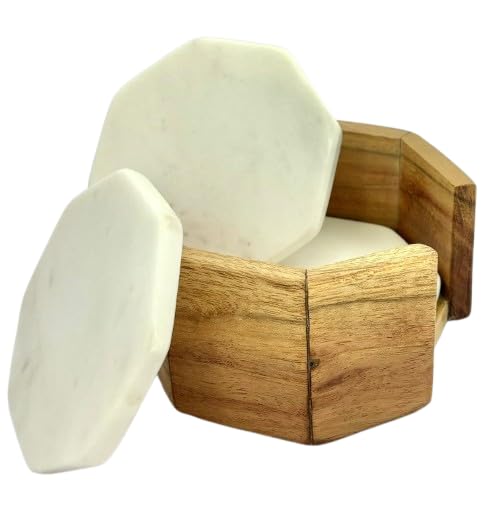 Quastocra White Marble Coasters Set of 4 pcs with Wood Stand - Image 2