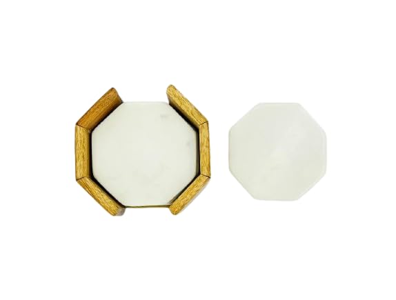 Quastocra White Marble Coasters Set of 4 pcs with Wood Stand - Image 4