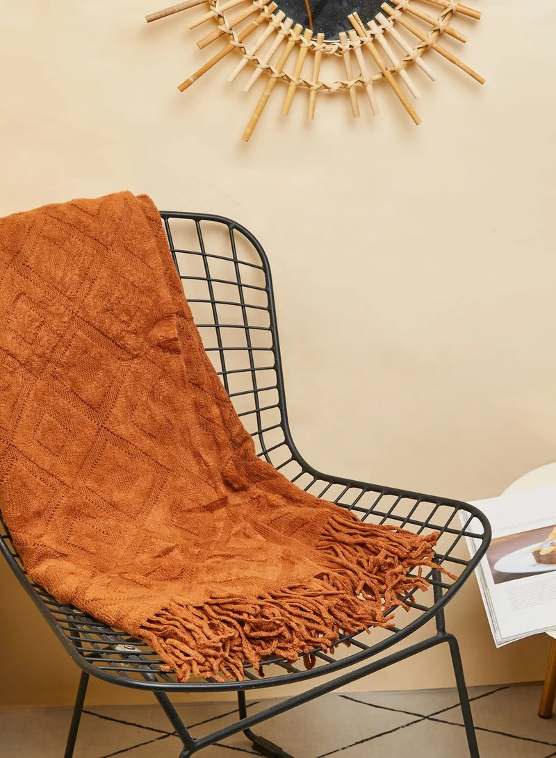 AURORA Orange Patterned Tassel Blanket Throw 172X127Cm