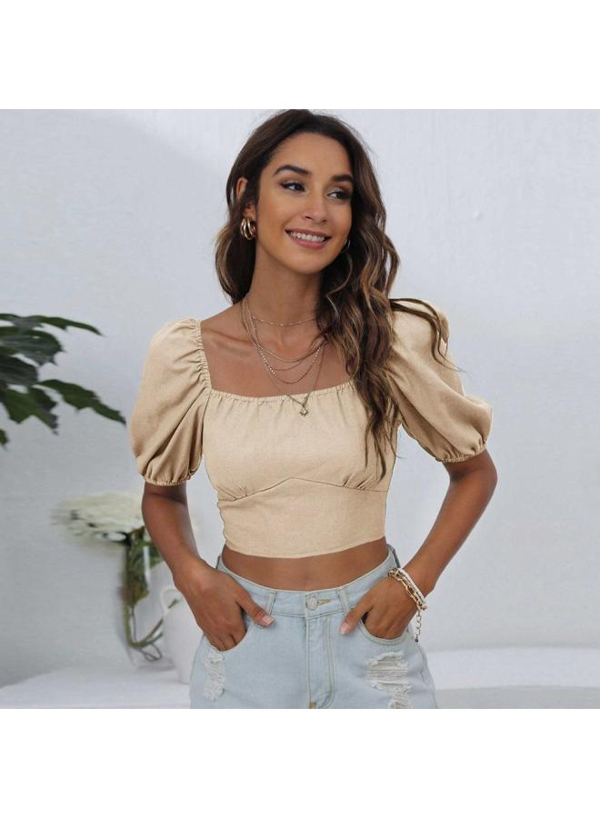 European And American Women's Spring And Summer New Square Collar Solid Color Backless Strap T-shirt Navel Leisure Top For Women 