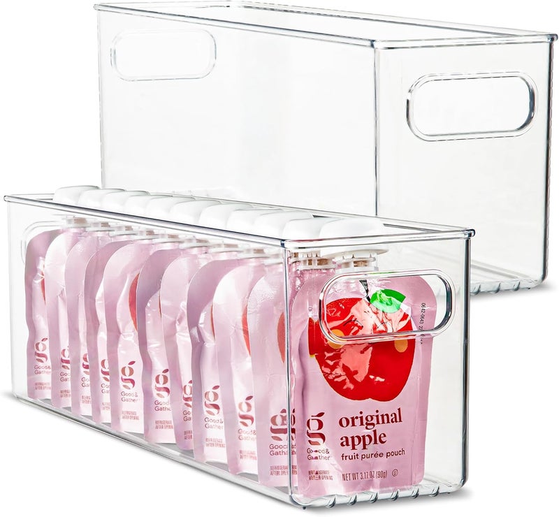 PrimeBox Plastic Food Storage 2 Pack Clear Container Bin with Handles for Organizing Kitchen, Pantry, Refrigerator, Freezer, Pantry, Cabinet, Closet, Bathroom. 14”x4”x5” - Image 1