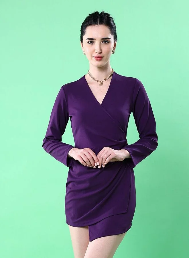 Women Regular Fit Solid V-Neck Long Sleeve Wrap Dress