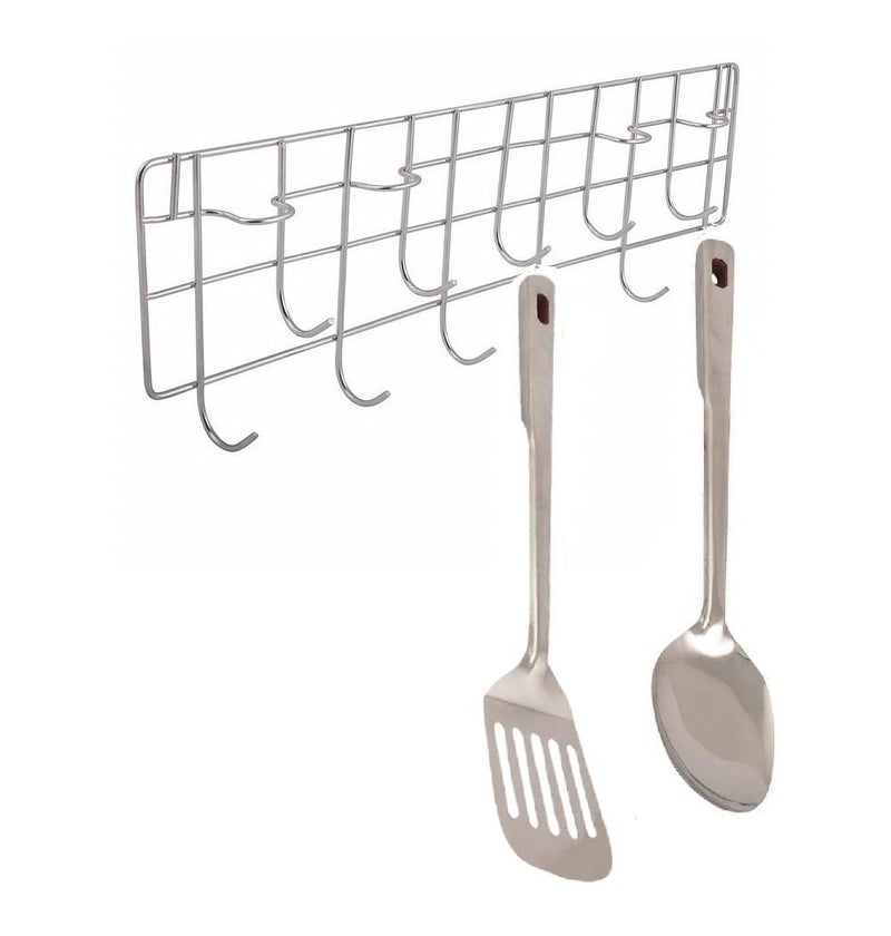 FIRST FRONT Combo of 11 Hooks Stainless Steel Multi-Level Laddle Hooks Rail for Kitchen with Stainless Steel Egg Palta Turner and Serving Spoon - Image 1