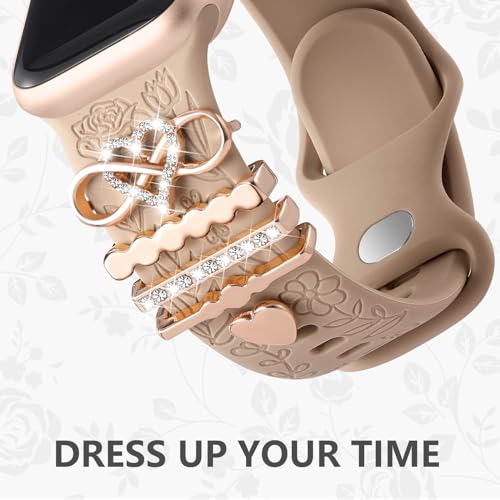 DaQin Flower Engraved Band Compatible with Apple Watch Bands for Women 40mm 38mm 41mm 42mm, Soft Silicone Strap With Dressy Decorative Apple Watch Charms for iWatch Series 11 10 9 8 7 6 5 4 3 2 1 SE - Image 3