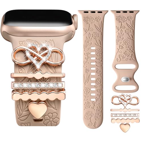 DaQin Flower Engraved Band Compatible with Apple Watch Bands for Women 40mm 38mm 41mm 42mm, Soft Silicone Strap With Dressy Decorative Apple Watch Charms for iWatch Series 11 10 9 8 7 6 5 4 3 2 1 SE - Image 1