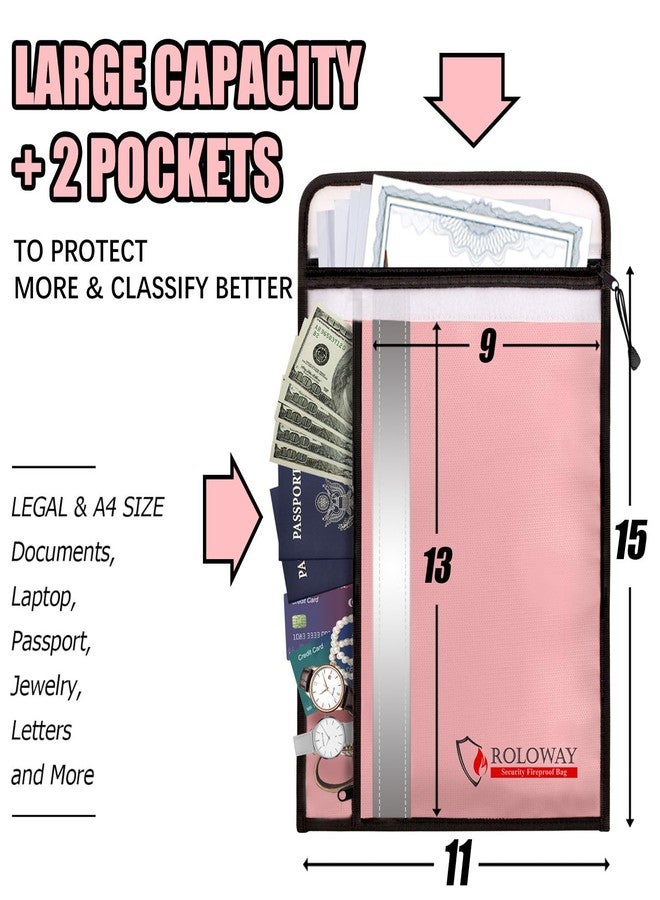 ROLOWAY Fireproof Document Bag (15 x 11 inch) with 2 Pockets & Waterproof Zipper, Fireproof Money Bag, Fire Safe Bag with Reflective Strip, Fireproof Envelope for Cash, Legal Documents Safe (Pink) - Image 2